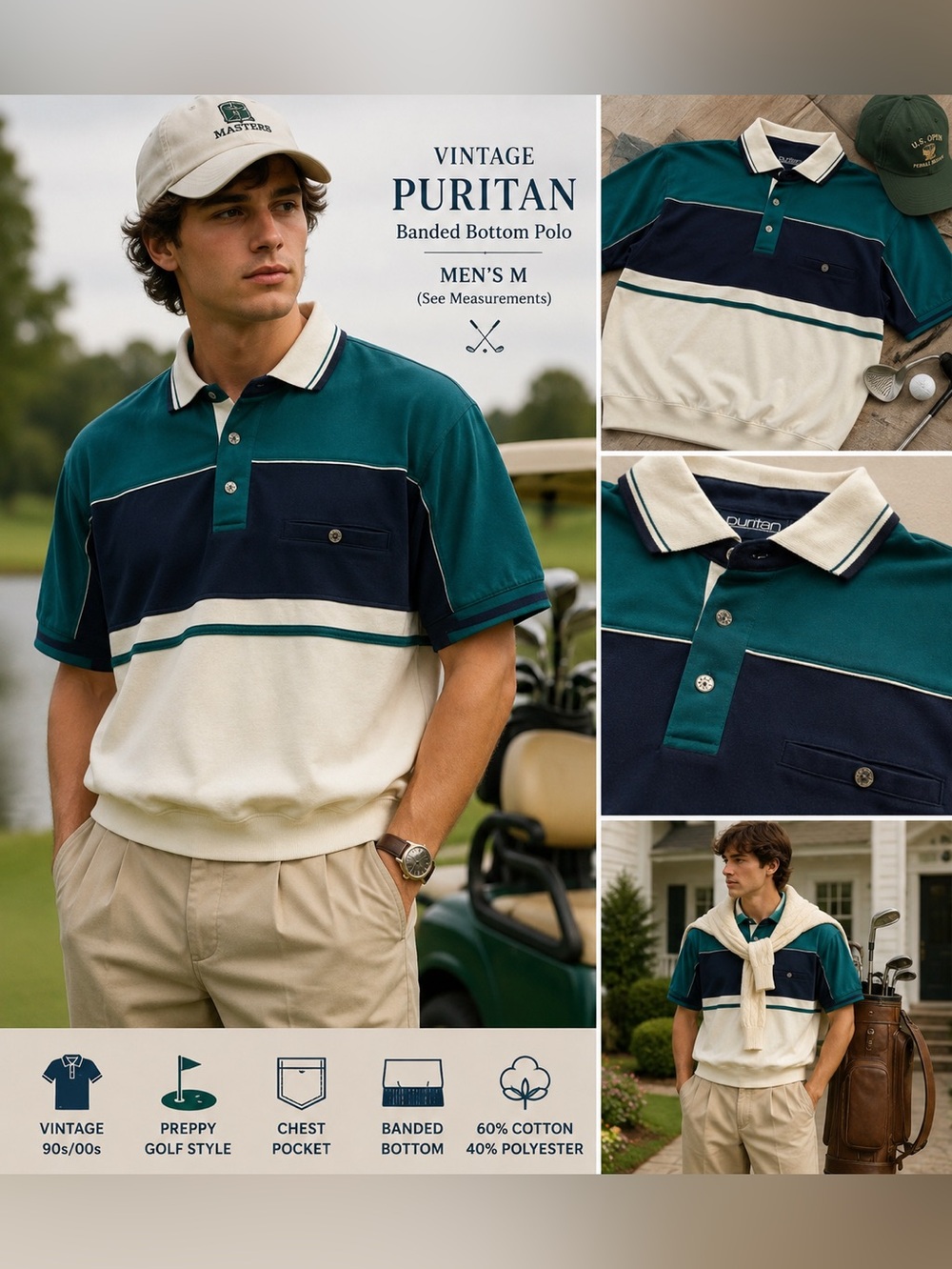 Vintage Puritan Men's Teal & Navy Banded Color-Block Golf Polo—Medium